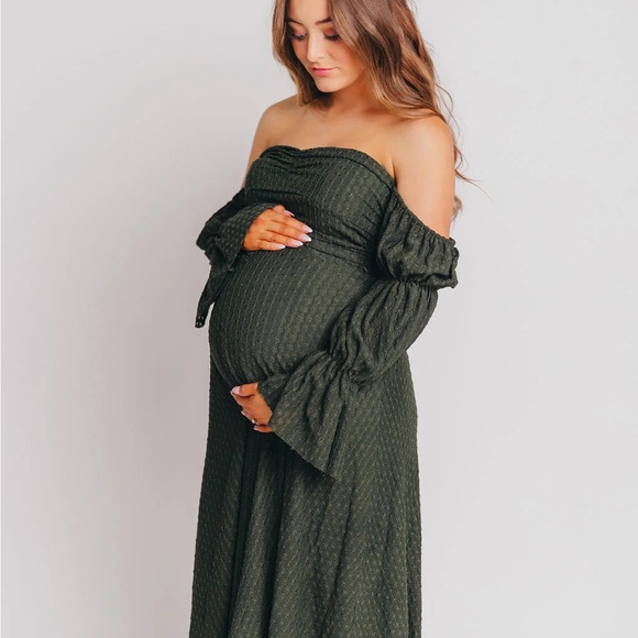 Elegant Off-Shoulder Maternity Dress - Olive Green - Picture 1 of 9